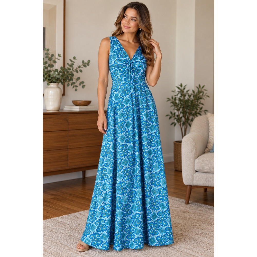 Vintage 70s Maxi Dress Homemade Women Small Blue Green Flora Fabric From Vietnam